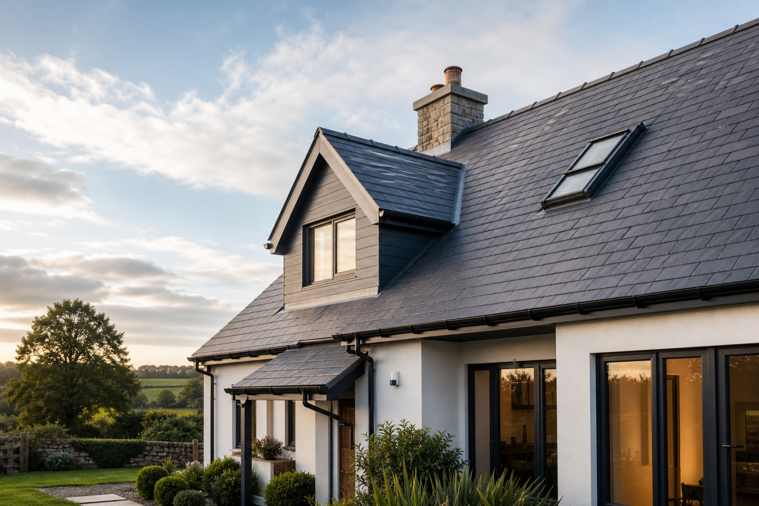Modern UK home with a slate roof, chimney, rooflight and gutter details